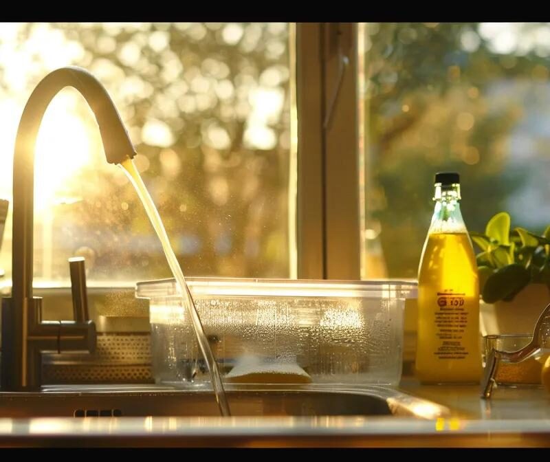 a vibrant kitchen scene features a gleaming sink with a clear container of cooled grease being carefully poured into a labeled recycling bottle, illuminated by soft natural light, emphasizing the importance of safe disposal practices.