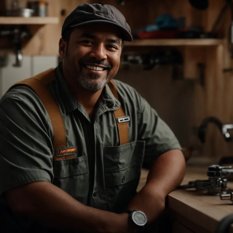 a confident plumber stands beside a gleaming toolbox, vibrant plumbing pipes in the background, showcasing expertise and readiness to tackle home plumbing needs with a warm, inviting smile.