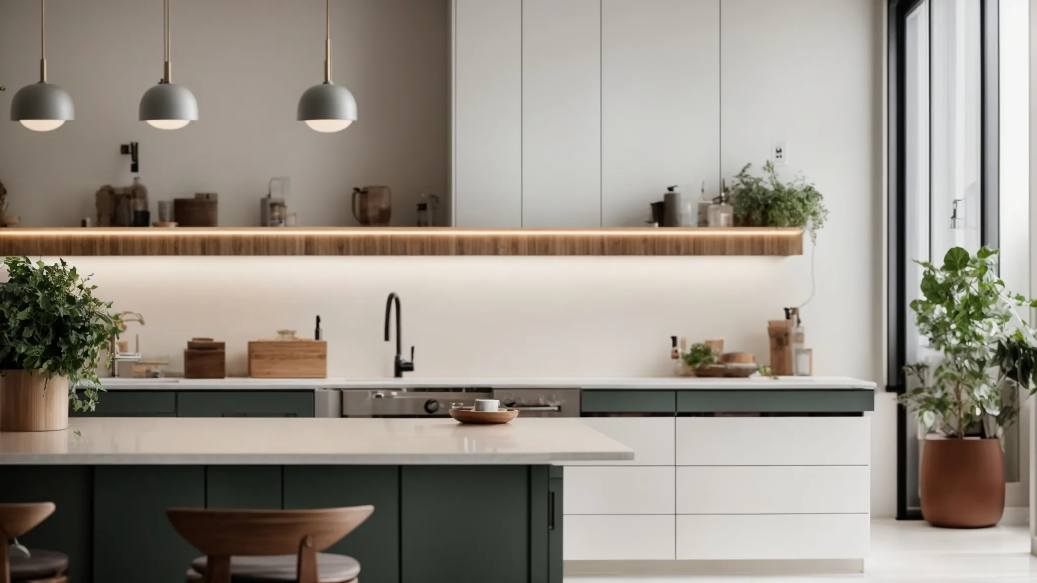a serene, well-lit home interior showcases gleaming plumbing fixtures and appliances, emphasizing a peaceful atmosphere of readiness and safety before a long vacation.