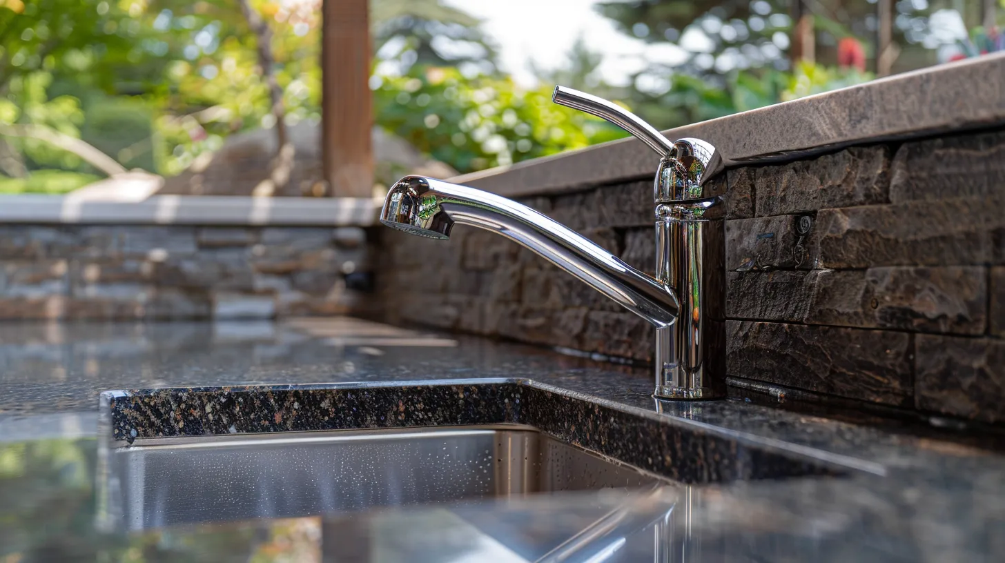 a close-up view of a well-maintained outdoor faucet, showcasing its shiny metallic surface and clear evidence of recent inspection, positioned against a modern stone patio, with soft indoor lighting highlighting the faucet's details to emphasize its importance in home plumbing upkeep.