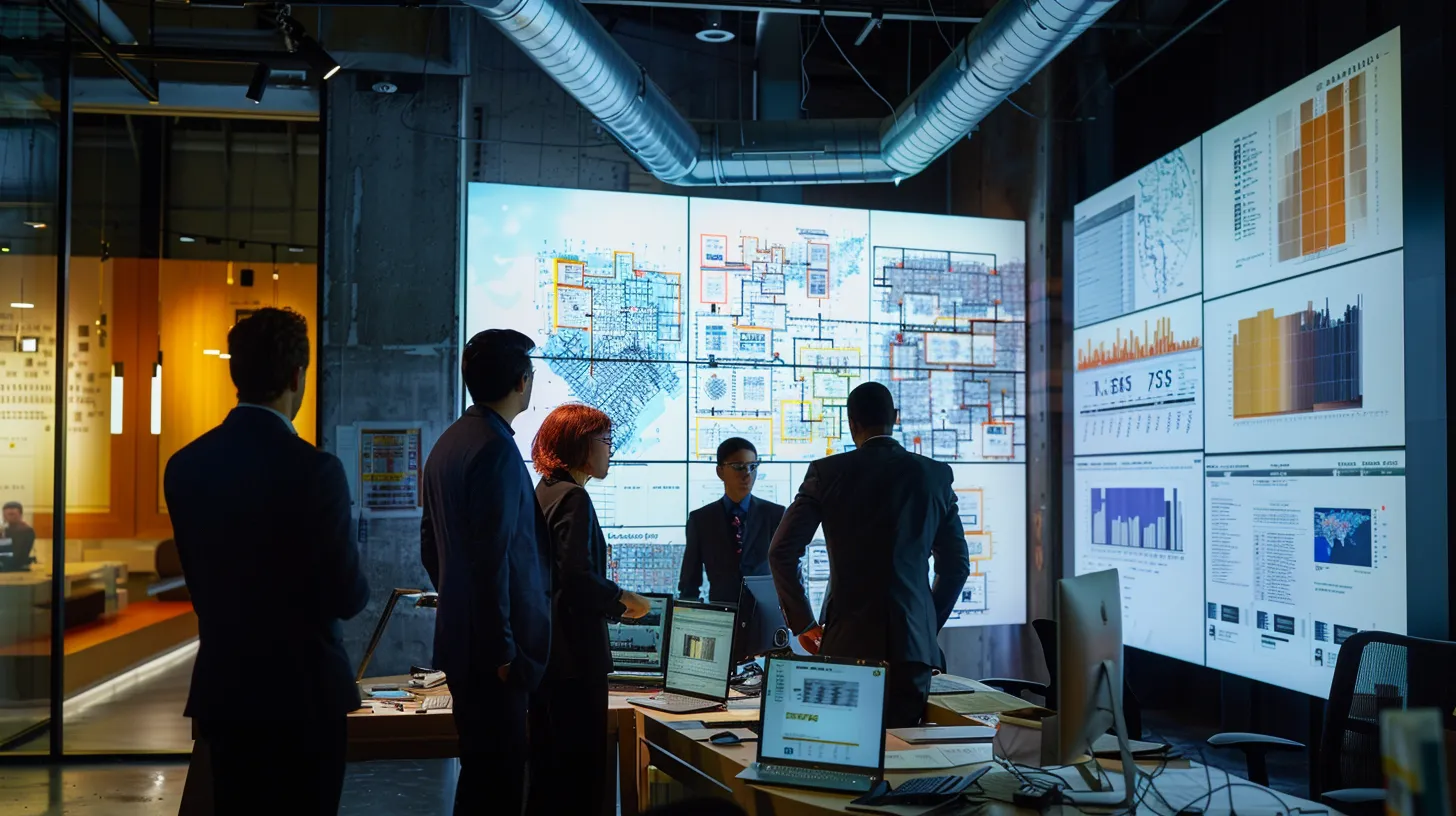 a focused and modern office scene showcases a diverse group of professionals attentively reviewing local plumbing regulations on sleek digital devices, surrounded by technical charts and compliance documents that highlight the importance of understanding plumbing codes and permits.