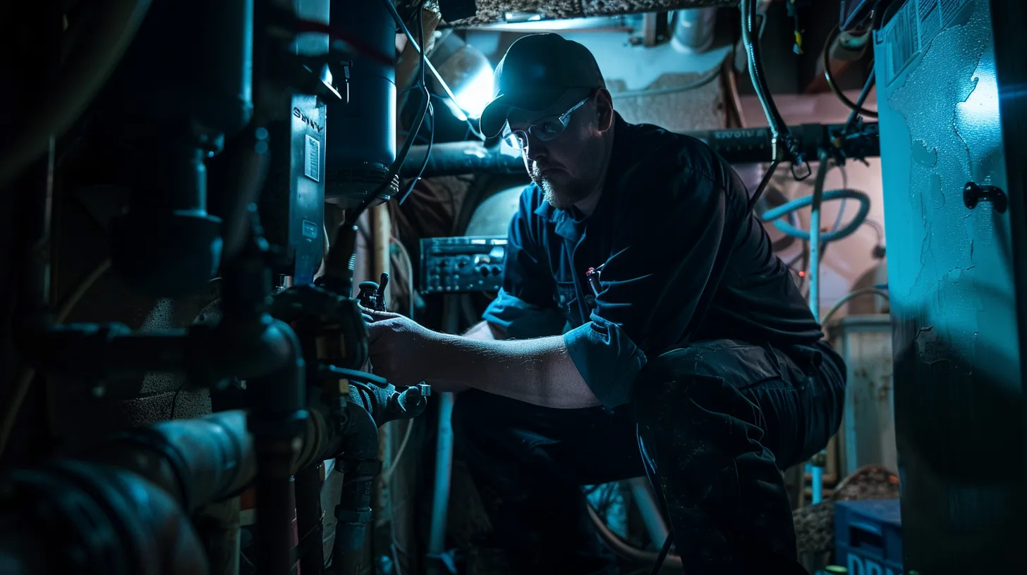 a focused shot of a plumber inspecting deteriorating pipes in a dimly lit arizona basement, highlighting critical vulnerabilities exacerbated by intense heat, with tools and diagnostic equipment visibly arranged nearby.