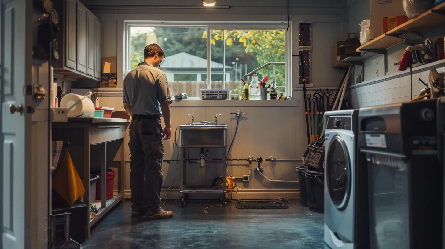 a meticulous plumber inspects a well-lit, modern utility room, checking the intricate plumbing system while surrounded by tools and equipment ready for seasonal maintenance tasks.