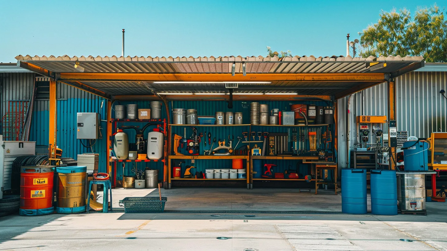 a meticulously organized outdoor plumbing workshop, featuring neatly arranged tools and equipment under a large awning, with a bright blue sky in the background, emphasizing an industrious and professional atmosphere dedicated to plumbing maintenance.