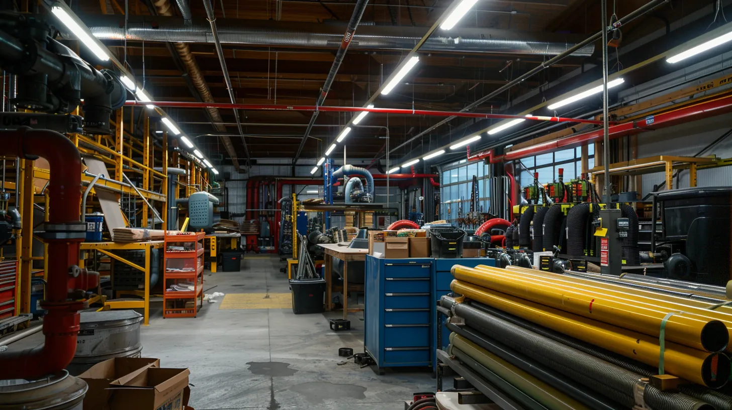 a meticulously organized plumbing workshop showcases insulated pipes and efficient sealing techniques, illuminated by bright overhead lights, emphasizing the critical preparations for withstanding arizona's intense summer heat.