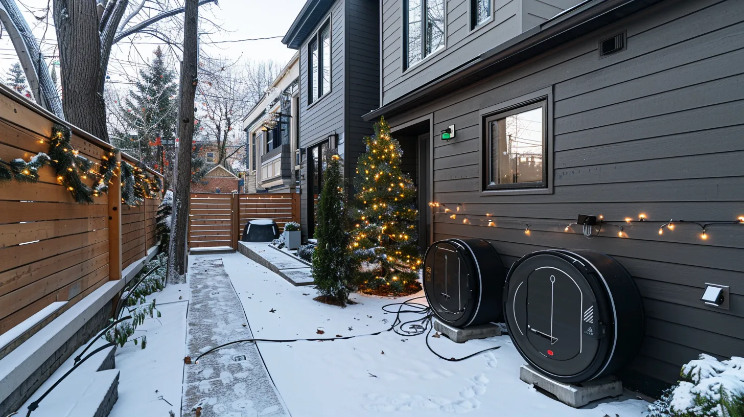 a meticulously organized urban outdoor space showcases a winter-ready home with insulated hose bib covers and drainage systems prominently displayed, highlighting proactive measures against freezing conditions.