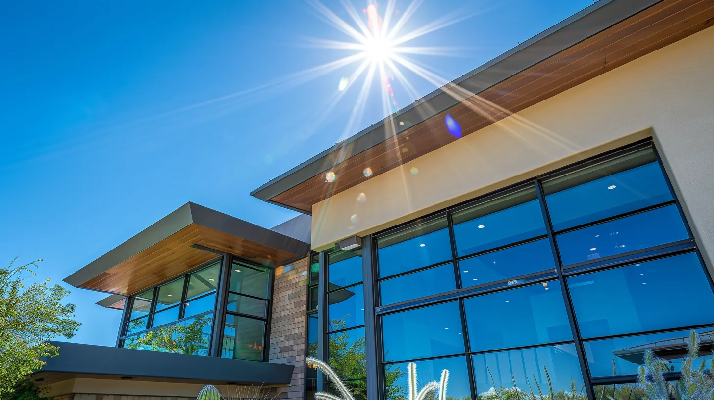 a modern arizona home with a digital water monitoring system displayed prominently, showcasing the urgency of water conservation during the intense summer heat, with sunlit windows reflecting a bright, azure sky.