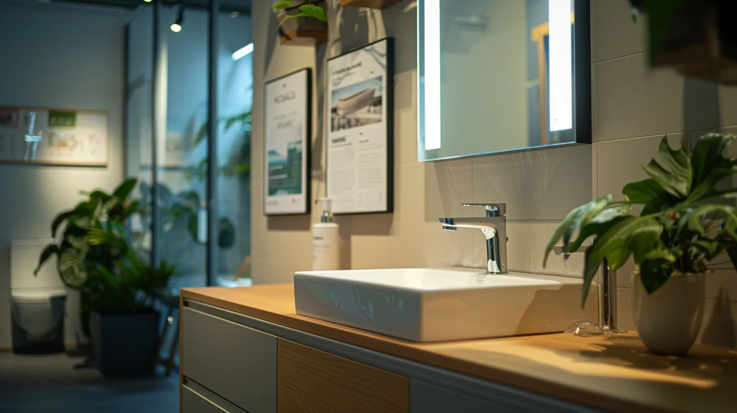 a modern bathroom with sleek water-saving fixtures gleaming under bright led lighting, showcasing a water efficiency educational poster on the wall to emphasize the importance of conservation in preventing plumbing issues.