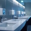 a modern office breakroom showcases sleek, water-efficient plumbing fixtures with a prominent digital display highlighting their environmental benefits, illuminated by soft ambient lighting that enhances the polished surfaces and clean lines.