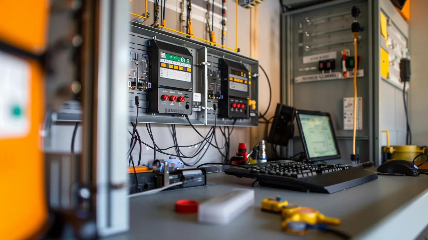 a modern office workspace showcases a professional technician inspecting a sophisticated sprinkler control panel, with tools and schematics arrayed neatly on a sleek desk, emphasizing efficiency in outdoor plumbing maintenance.