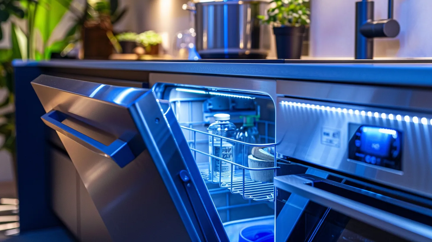 a modern, well-lit kitchen featuring a meticulously organized under-sink area showcasing high-quality plumbing components and drain screens, emphasizing the importance of preventative maintenance techniques in a sleek, urban home setting.