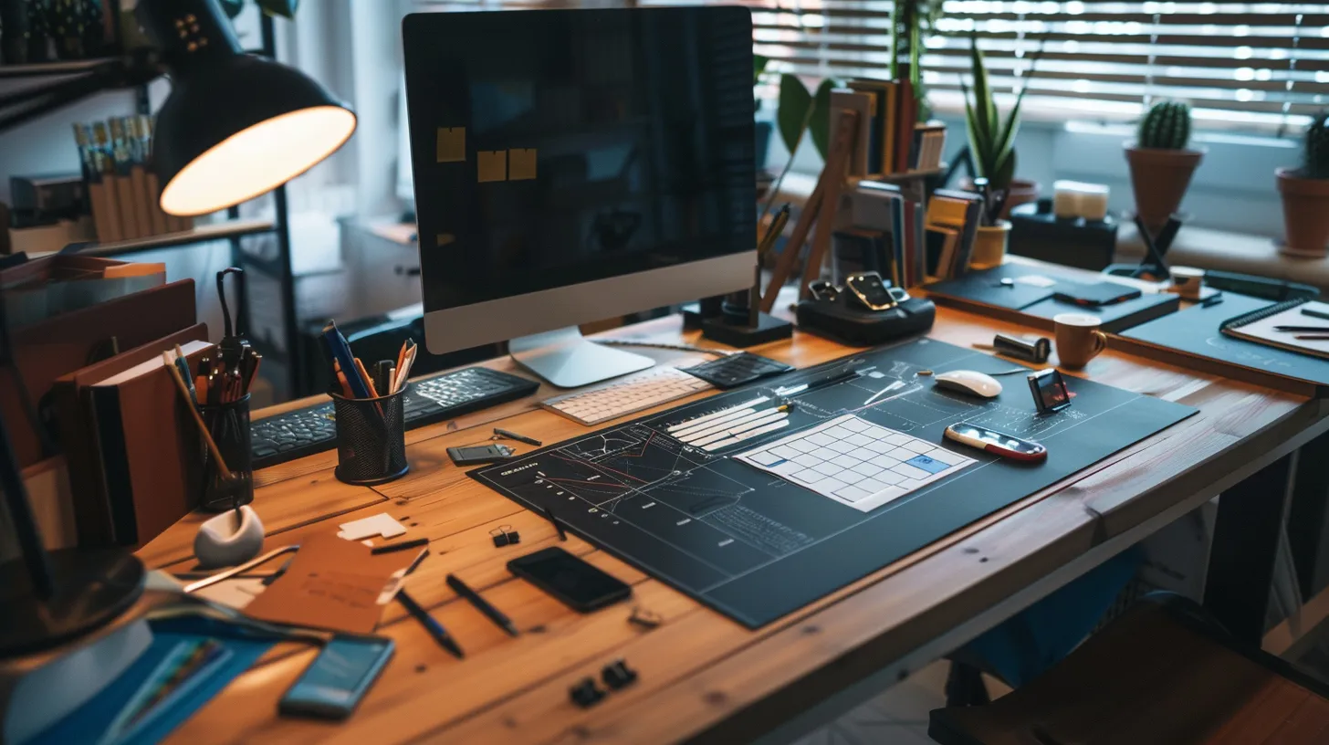 a sleek, modern home office with a well-organized workspace showcases a detailed checklist and tools for preventative plumbing maintenance, emphasizing proactive care to prevent costly emergency repairs.