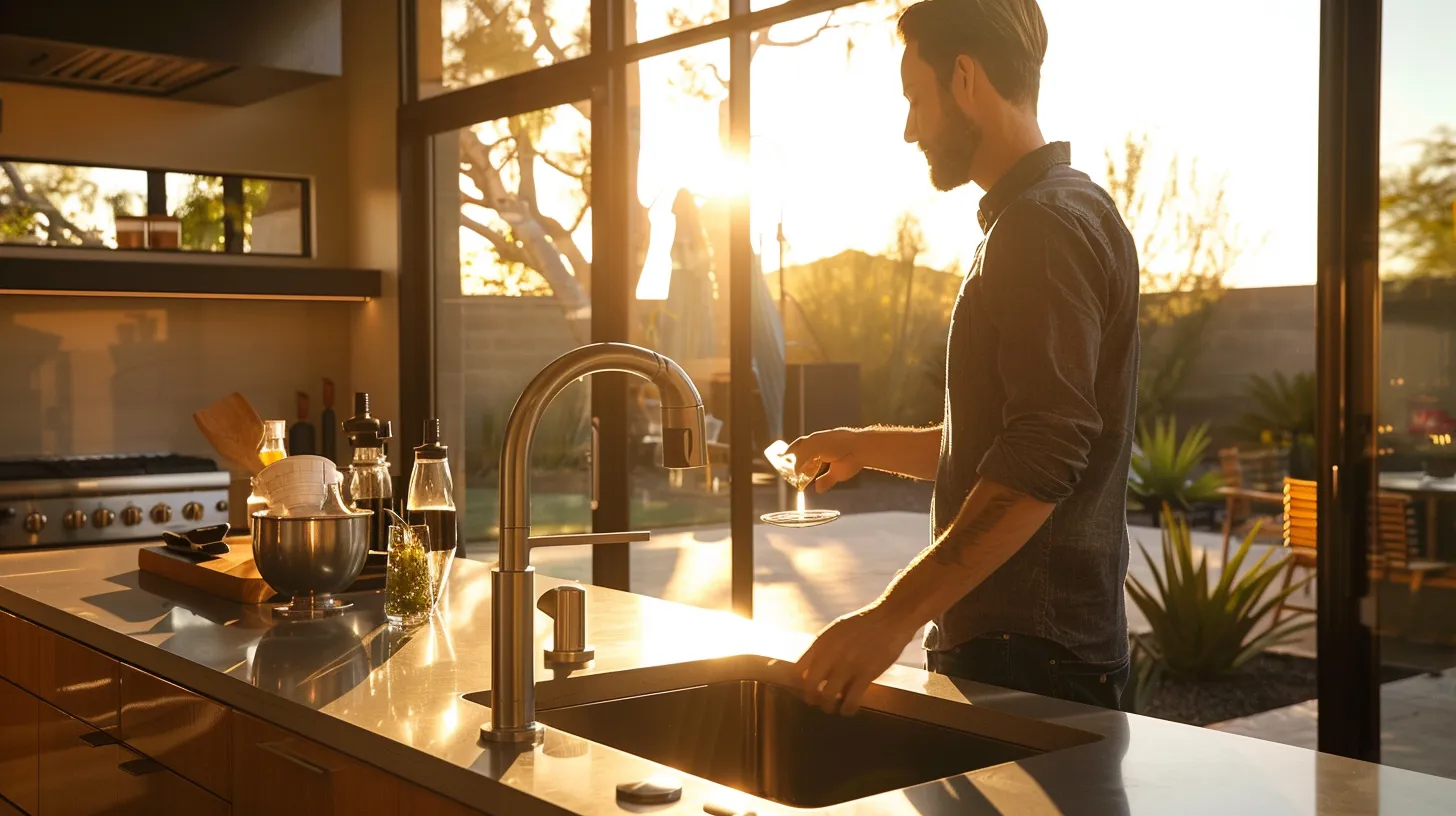 a sleek, modern kitchen in a sunlit arizona home displays a concerned homeowner examining a bubbling sink, with emergency plumbing tools and a phone ready for contact, highlighting the urgency of emergency preparedness for plumbing failures.