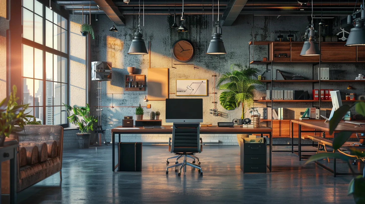 a sleek, modern office space features a well-organized work area with plumbing maintenance equipment showcased prominently, emphasizing the importance of preventative care to avoid costly repairs.