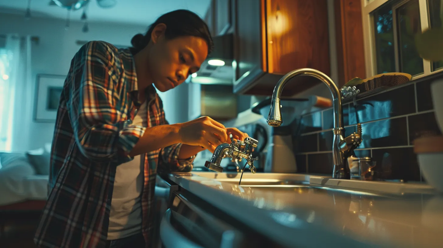 a well-lit, modern kitchen featuring a homeowner inspecting gleaming pipes under the sink with a focused expression, emphasizing the importance of routine plumbing checks for long-term maintenance.