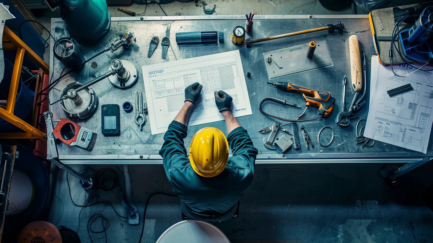 a well-equipped technician inspects an organized workspace filled with advanced plumbing tools and maintenance schedules on a sleek desk, highlighting the importance of professional plumbing maintenance and preparedness.