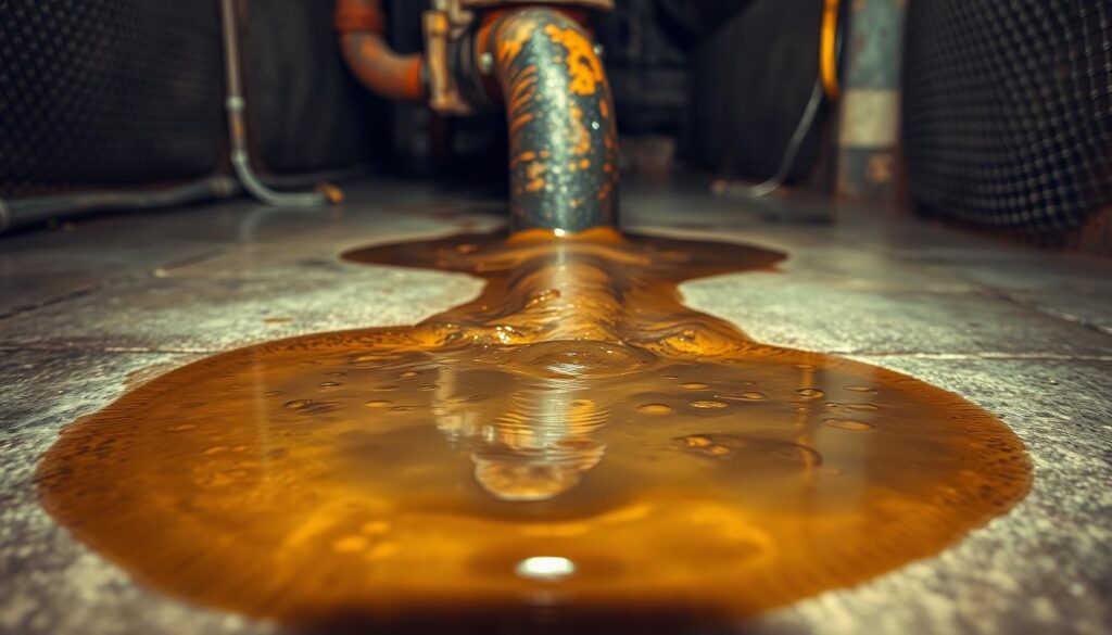 A clogged sewer line, with murky water spilling out onto a concrete floor. The foreground focuses on the puddle, the surface glistening under warm, directional lighting that casts shadows across the scene. In the middle ground, an exposed section of rusty, corroded pipe emerges from the floor, its surface encrusted with mineral deposits. The background fades into a dimly lit, industrial environment, hinting at the larger infrastructure hidden beneath the surface. The overall mood is one of neglect and dysfunction, underscoring the unseen problems that can lurk within a home's plumbing system. A clogged sewer line, with murky water spilling out onto a concrete floor. The foreground focuses on the puddle, the surface glistening under warm, directional lighting that casts shadows across the scene. In the middle ground, an exposed section of rusty, corroded pipe emerges from the floor, its surface encrusted with mineral deposits. The background fades into a dimly lit, industrial environment, hinting at the larger infrastructure hidden beneath the surface. The overall mood is one of neglect and dysfunction, underscoring the unseen problems that can lurk within a home's plumbing system.