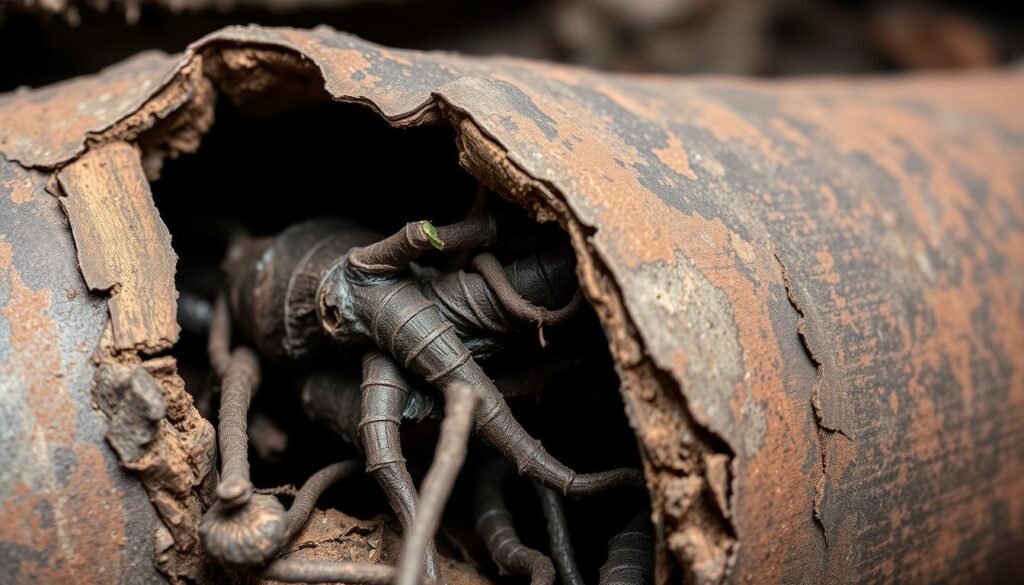 A close-up view of a damaged section of a residential sewer pipe, showcasing clear signs of tree root invasion. The pipe's surface is cracked and deformed, with thick, intrusive roots protruding through the openings. The roots are dark in color, contrasting against the dull, earthy tones of the aged pipe material. The lighting is soft and even, highlighting the textural details of the scene. The background is blurred, keeping the focus on the damaged pipe and the infiltrating roots, conveying a sense of urgency and the need for prompt action. This image effectively illustrates the destructive power of tree roots and the importance of early detection to prevent plumbing disasters. A close-up view of a damaged section of a residential sewer pipe, showcasing clear signs of tree root invasion. The pipe's surface is cracked and deformed, with thick, intrusive roots protruding through the openings. The roots are dark in color, contrasting against the dull, earthy tones of the aged pipe material. The lighting is soft and even, highlighting the textural details of the scene. The background is blurred, keeping the focus on the damaged pipe and the infiltrating roots, conveying a sense of urgency and the need for prompt action. This image effectively illustrates the destructive power of tree roots and the importance of early detection to prevent plumbing disasters.