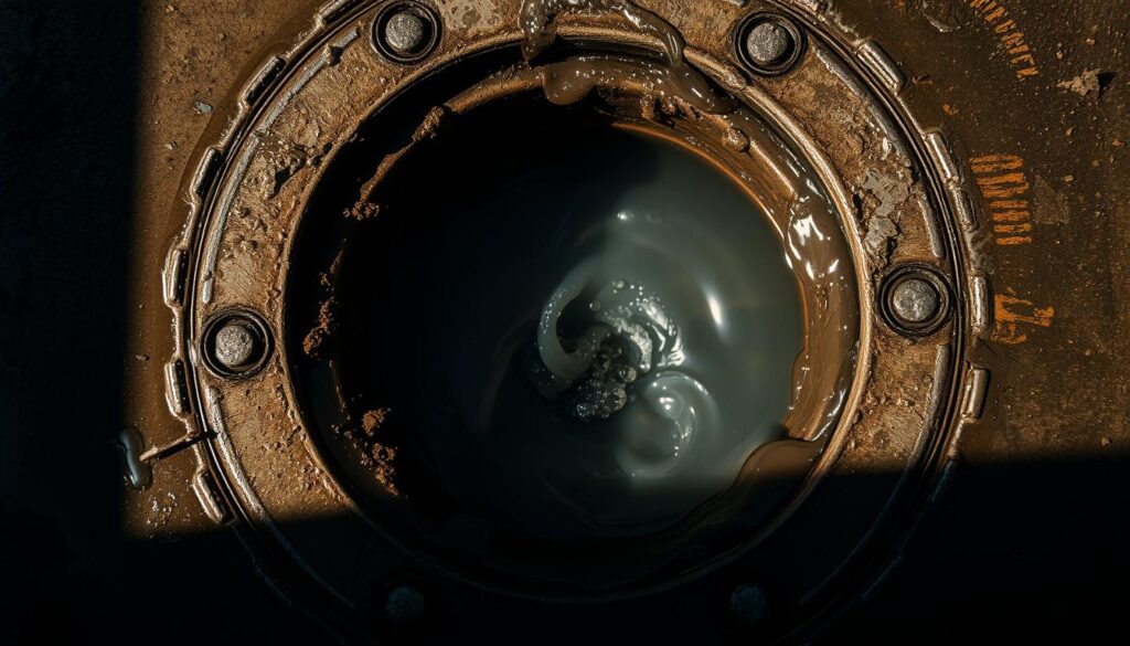 A close-up view of a grungy, aged metal drain cover, partially obscured by murky water swirling and gurgling as it flows down into the unseen depths below. The lighting is dim and moody, casting long shadows and highlighting the textural details of the weathered surface. The drain's aperture emits a muffled, bubbling sound, hinting at the potential blockage or damage in the underlying sewer line. The overall atmosphere conveys a sense of unease and the need for further inspection. A close-up view of a grungy, aged metal drain cover, partially obscured by murky water swirling and gurgling as it flows down into the unseen depths below. The lighting is dim and moody, casting long shadows and highlighting the textural details of the weathered surface. The drain's aperture emits a muffled, bubbling sound, hinting at the potential blockage or damage in the underlying sewer line. The overall atmosphere conveys a sense of unease and the need for further inspection.