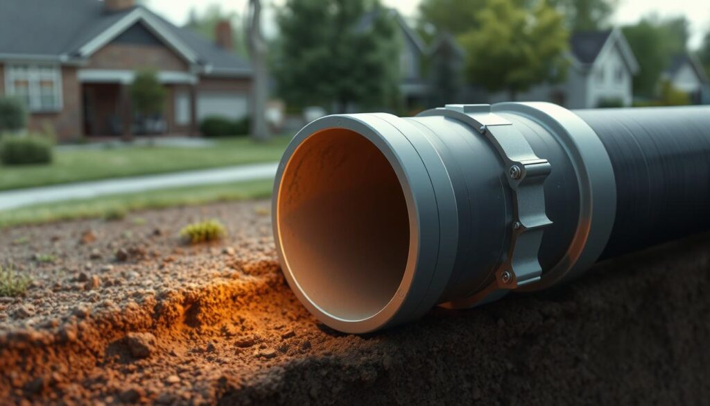 A detailed cross-section of a residential sewer line, rendered in a technical, engineering-focused style. The main focus is the pipe itself, constructed from sturdy cast iron or PVC, running through the earth beneath a suburban neighborhood. The pipe is illuminated by soft, directional lighting, revealing its inner structure and any potential obstructions or damage. The background features a muted, naturalistic landscape with lush greenery, suggesting the pipe's integration with the surrounding environment. The overall mood is one of functional necessity and infrastructure, conveying the importance of a properly functioning sewer system for a home. A detailed cross-section of a residential sewer line, rendered in a technical, engineering-focused style. The main focus is the pipe itself, constructed from sturdy cast iron or PVC, running through the earth beneath a suburban neighborhood. The pipe is illuminated by soft, directional lighting, revealing its inner structure and any potential obstructions or damage. The background features a muted, naturalistic landscape with lush greenery, suggesting the pipe's integration with the surrounding environment. The overall mood is one of functional necessity and infrastructure, conveying the importance of a properly functioning sewer system for a home.