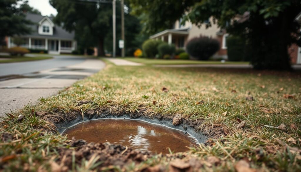 A detailed, outdoor scene of a residential neighborhood, capturing the signs of potential sewer line problems. In the foreground, a small pool of murky water has formed on the lawn, surrounded by patches of dead grass. Closer inspection reveals a crack in the soil, suggesting a possible underground pipe issue. The middle ground showcases an older, tree-lined street, with a slight bulge in the pavement hinting at potential root intrusion. In the background, a two-story house stands, its downspouts emptying directly onto the ground, potentially contributing to the drainage problems. The overall lighting is overcast, with a muted, earthy palette that conveys a sense of concern and the need for investigation. A detailed, outdoor scene of a residential neighborhood, capturing the signs of potential sewer line problems. In the foreground, a small pool of murky water has formed on the lawn, surrounded by patches of dead grass. Closer inspection reveals a crack in the soil, suggesting a possible underground pipe issue. The middle ground showcases an older, tree-lined street, with a slight bulge in the pavement hinting at potential root intrusion. In the background, a two-story house stands, its downspouts emptying directly onto the ground, potentially contributing to the drainage problems. The overall lighting is overcast, with a muted, earthy palette that conveys a sense of concern and the need for investigation.