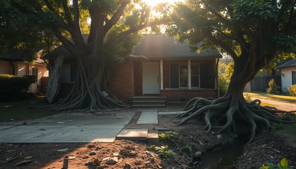 A dilapidated suburban home, the foundation cracked and crumbling as tree roots burst through the walls. Lush, overgrown vegetation envelops the structure, vines snaking across the roof and windows. Sunlight filters through the canopy, casting a moody, amber-hued glow over the scene. The front yard is a mess of upturned soil and shattered pavement, a haphazard tangle of gnarled roots snaking across the ground. In the distance, a small stream is choked with debris, its banks eroded by the invasive plant life. An atmosphere of neglect and environmental decay pervades the image, a cautionary tale of the consequences of ignoring the power of nature. A dilapidated suburban home, the foundation cracked and crumbling as tree roots burst through the walls. Lush, overgrown vegetation envelops the structure, vines snaking across the roof and windows. Sunlight filters through the canopy, casting a moody, amber-hued glow over the scene. The front yard is a mess of upturned soil and shattered pavement, a haphazard tangle of gnarled roots snaking across the ground. In the distance, a small stream is choked with debris, its banks eroded by the invasive plant life. An atmosphere of neglect and environmental decay pervades the image, a cautionary tale of the consequences of ignoring the power of nature.