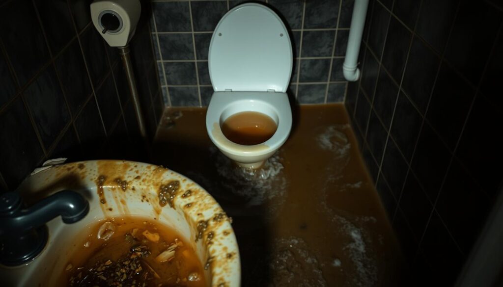A dimly lit bathroom with a clogged sewer line. The foreground shows a cluttered sink, overflowing with dirty water and debris. In the middle ground, the toilet bowl is partially submerged, with murky brown water bubbling up. The background reveals dark, damp tiles on the walls, suggesting a long-standing plumbing issue. The lighting is somber, casting shadows that accentuate the unsanitary scene. The camera angle is slightly elevated, giving a disheartening view of the clogged and neglected sewer line, highlighting the need for prompt attention and repair. A dimly lit bathroom with a clogged sewer line. The foreground shows a cluttered sink, overflowing with dirty water and debris. In the middle ground, the toilet bowl is partially submerged, with murky brown water bubbling up. The background reveals dark, damp tiles on the walls, suggesting a long-standing plumbing issue. The lighting is somber, casting shadows that accentuate the unsanitary scene. The camera angle is slightly elevated, giving a disheartening view of the clogged and neglected sewer line, highlighting the need for prompt attention and repair.