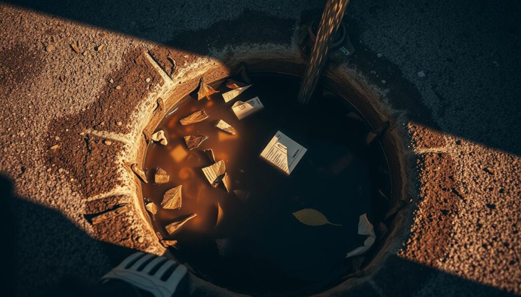A partially clogged sewer line, with murky brown water slowly draining amid accumulated debris. The scene is captured in a warm, sepia-toned lighting, casting long shadows across the gritty concrete surface. The camera angle is low, highlighting the sense of depth and claustrophobia, as if the viewer is crouching beside the clogged drain. Bits of paper, leaves, and other detritus float in the stagnant pool, suggesting a buildup of organic matter over time. The overall mood is one of stagnation and neglect, emphasizing the need for prompt attention to the issue. A partially clogged sewer line, with murky brown water slowly draining amid accumulated debris. The scene is captured in a warm, sepia-toned lighting, casting long shadows across the gritty concrete surface. The camera angle is low, highlighting the sense of depth and claustrophobia, as if the viewer is crouching beside the clogged drain. Bits of paper, leaves, and other detritus float in the stagnant pool, suggesting a buildup of organic matter over time. The overall mood is one of stagnation and neglect, emphasizing the need for prompt attention to the issue.
