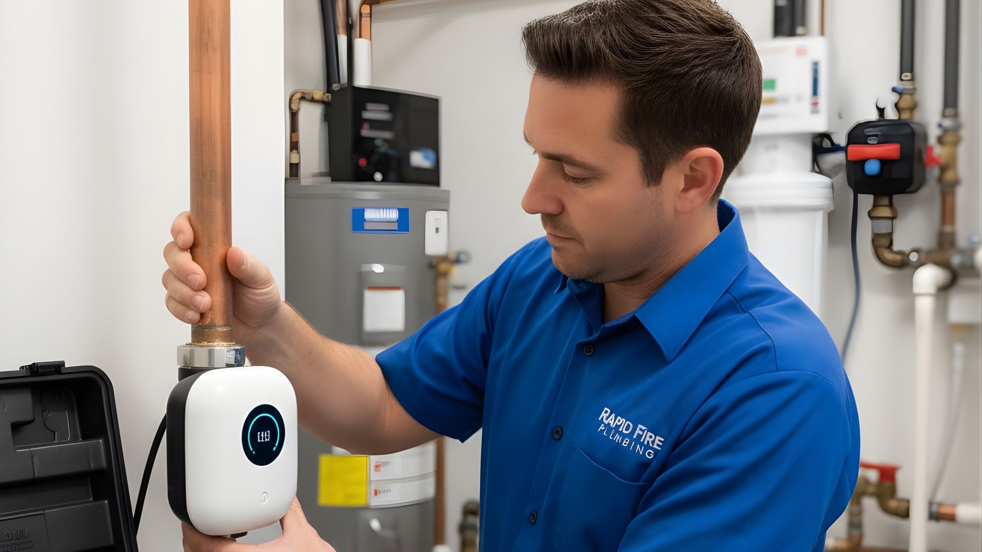 Plumber in a blue uniform attaches a compact smart water monitoring device to a vertical copper pipe near the water heater, representing a whole-home leak detection upgrade that tracks flow and catches hidden leaks.