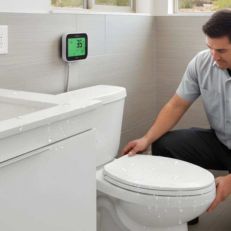 Plumber in a gray shirt kneels next to a toilet in a bright bathroom, checking the seat and tank while leak droplets are visible on nearby surfaces and a green water-usage monitor hangs on the wall.