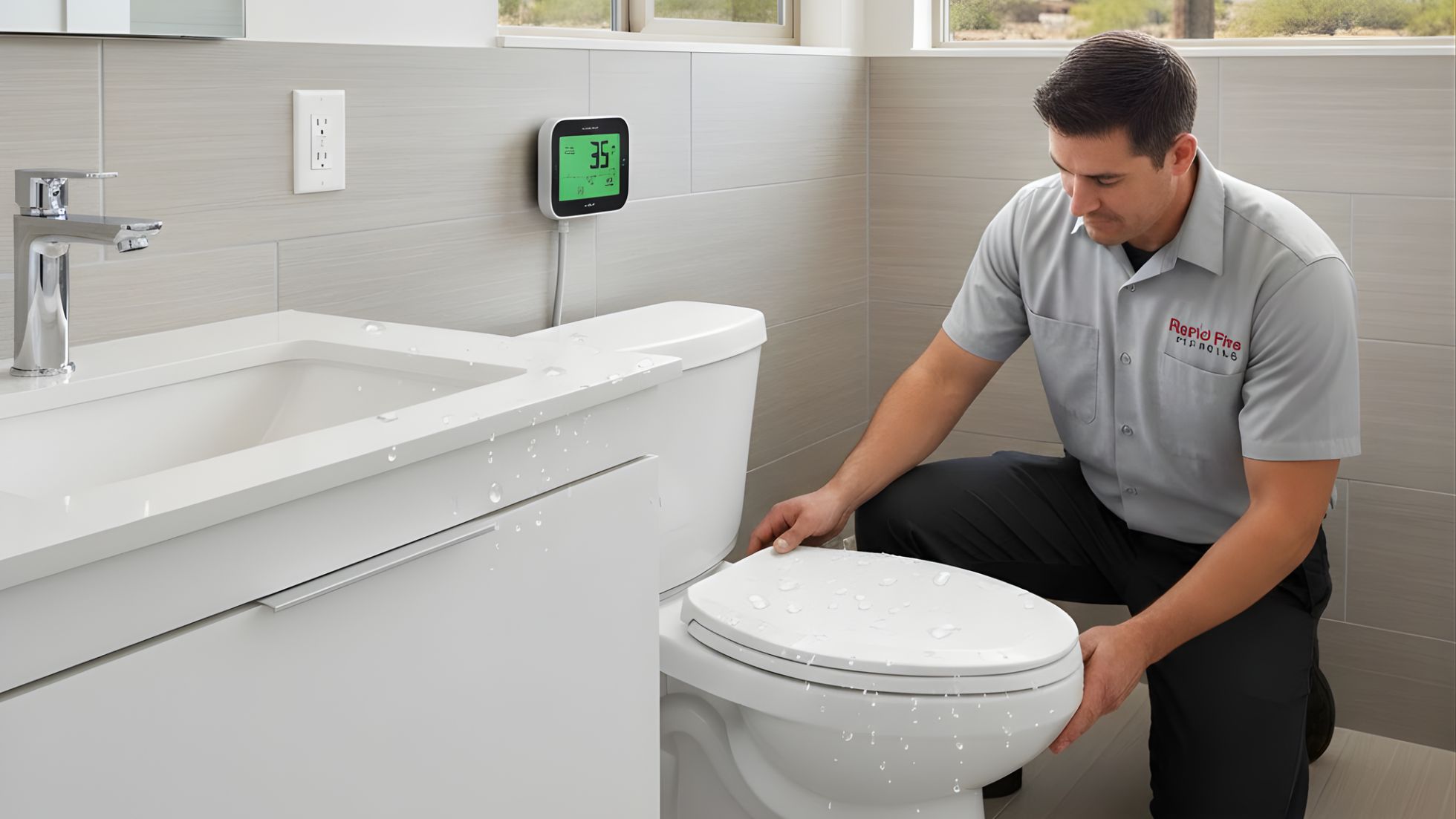 Plumber in a gray shirt kneels next to a toilet in a bright bathroom, checking the seat and tank while leak droplets are visible on nearby surfaces and a green water-usage monitor hangs on the wall.