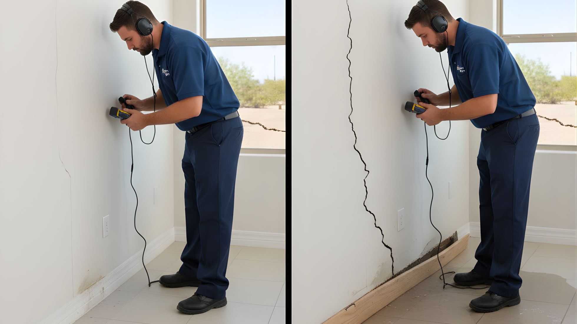 5 signs you might have a slab leak in your home 01 Left: Plumber drills into interior wall; right: plumber examines wall crack with dampness and removed baseboard, showing diagnostic and repair steps for slab leak.