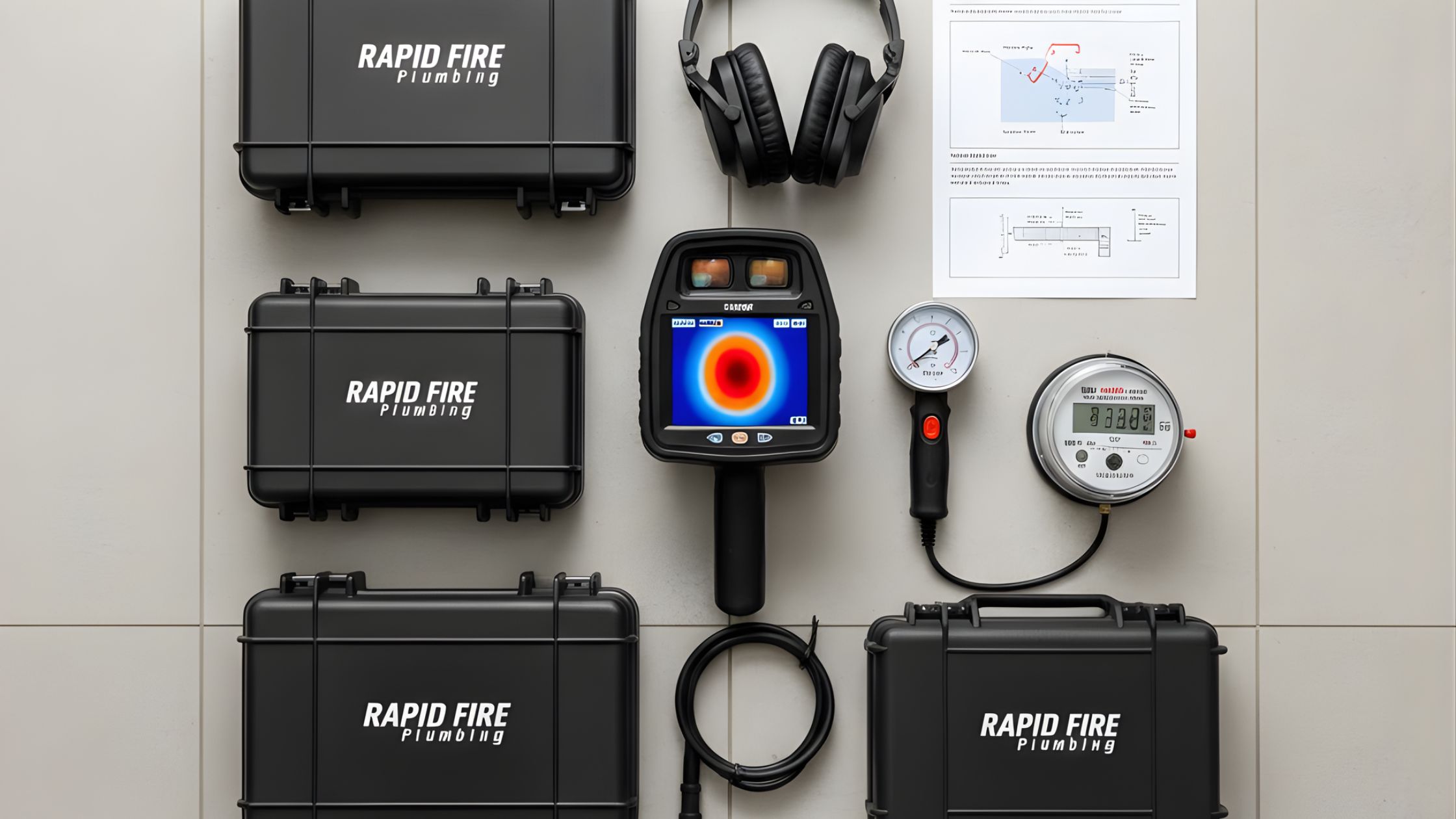5 signs you might have a slab leak in your home 02 Professional slab leak detection kit with thermal camera showing heat anomaly, digital pressure gauge, acoustic listener, headphones, and documents laid out on tile floor.