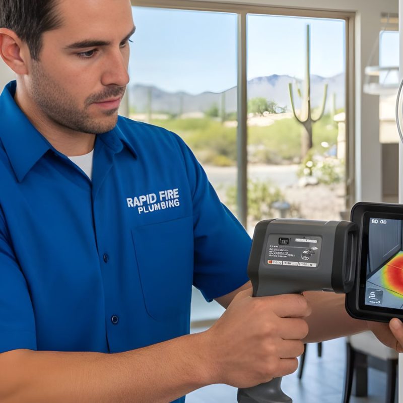 Technician holds a handheld thermal imager showing a heat anomaly in orange-red on a wall near a utility meter, detecting potential slab leak in a home with desert views.