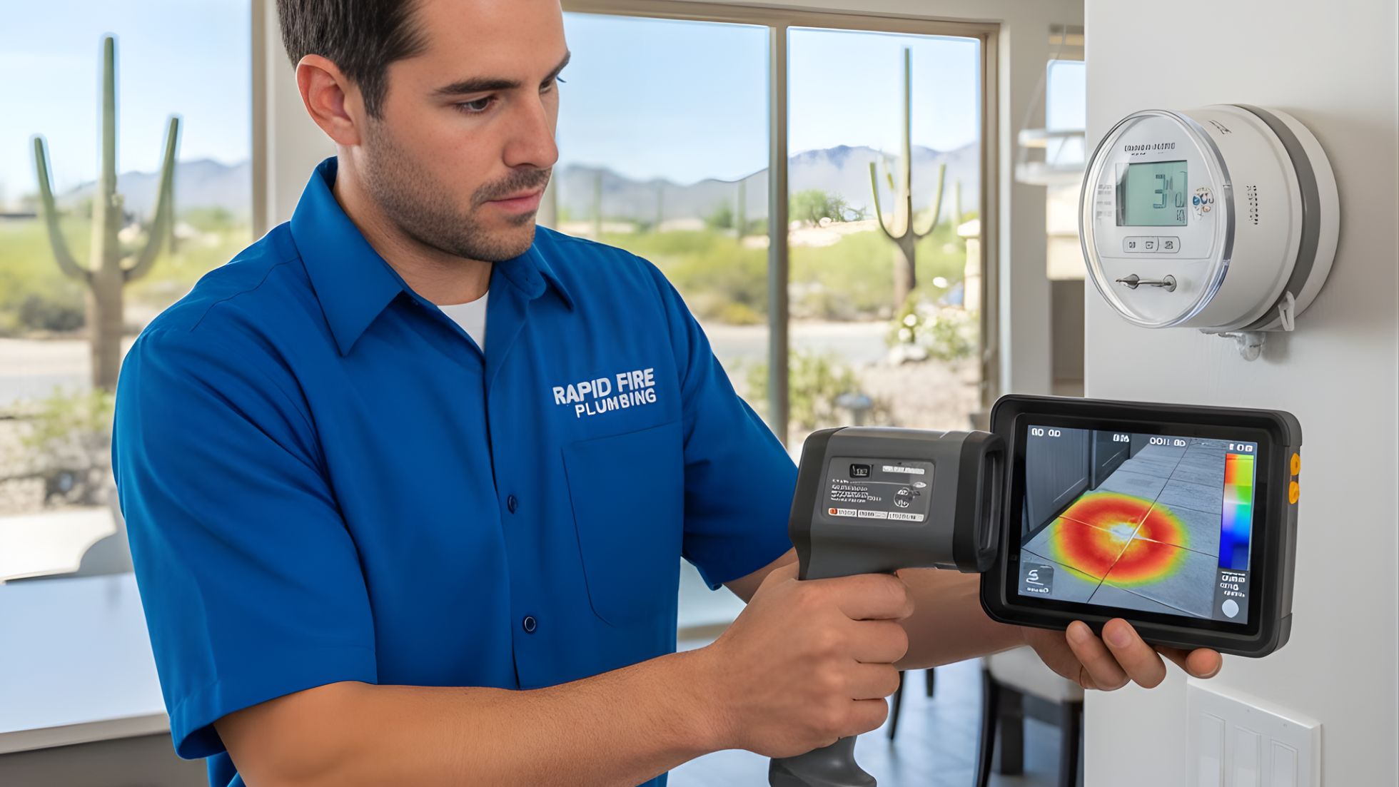Technician holds a handheld thermal imager showing a heat anomaly in orange-red on a wall near a utility meter, detecting potential slab leak in a home with desert views.