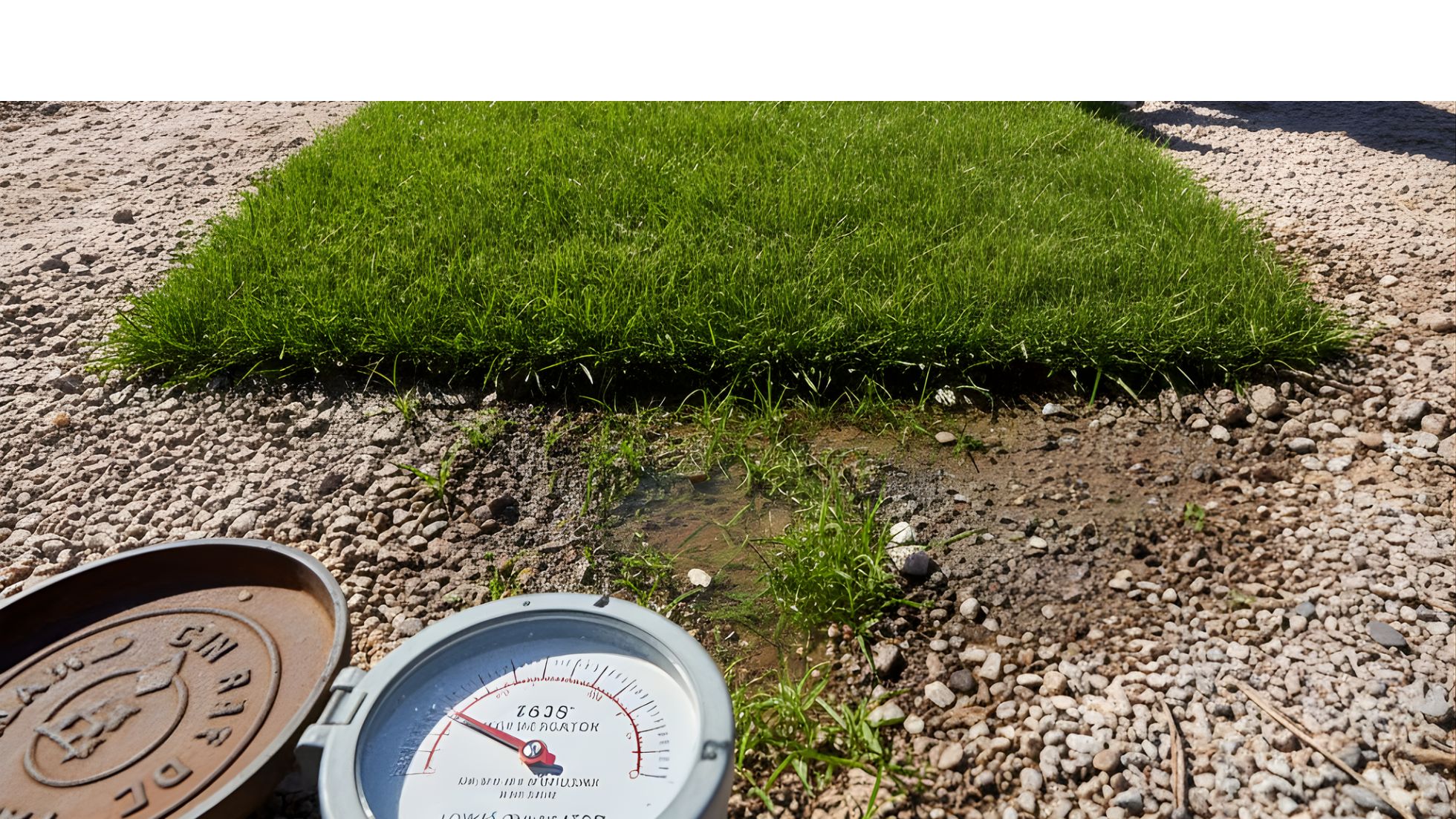 how to check if your homes main water line is leaking 01 Water meter cover ajar next to vibrant green turf thriving amid dry gravel and dirt puddles, pressure gauge at 42.5 psi, classic sign of underground main line leak.