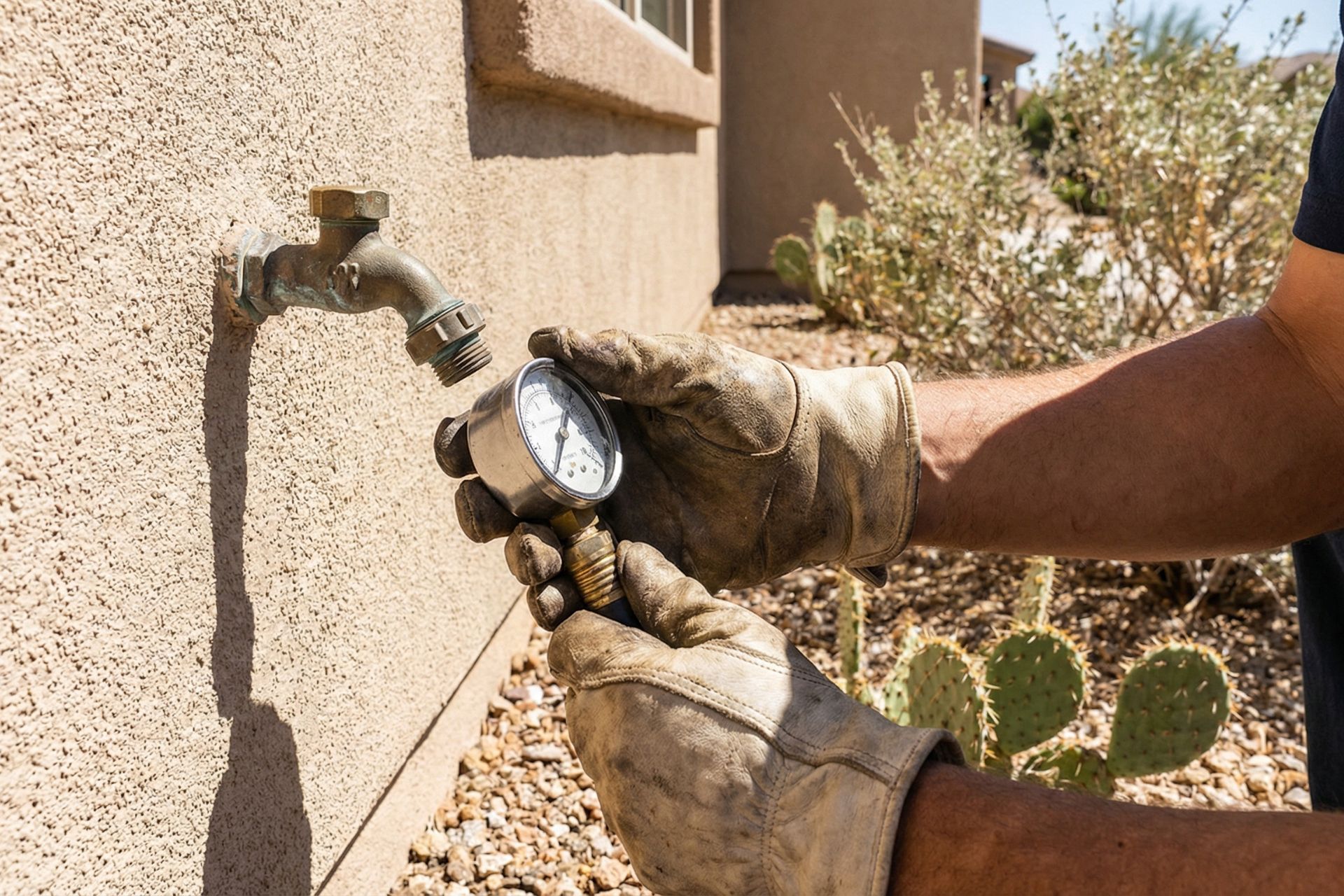 Close-up of plumber's gloved hand using water pressure gauge to test outdoor hose bib faucet mounted on stucco exterior wall, with desert landscaping including prickly pear cacti and gravel visible in background.