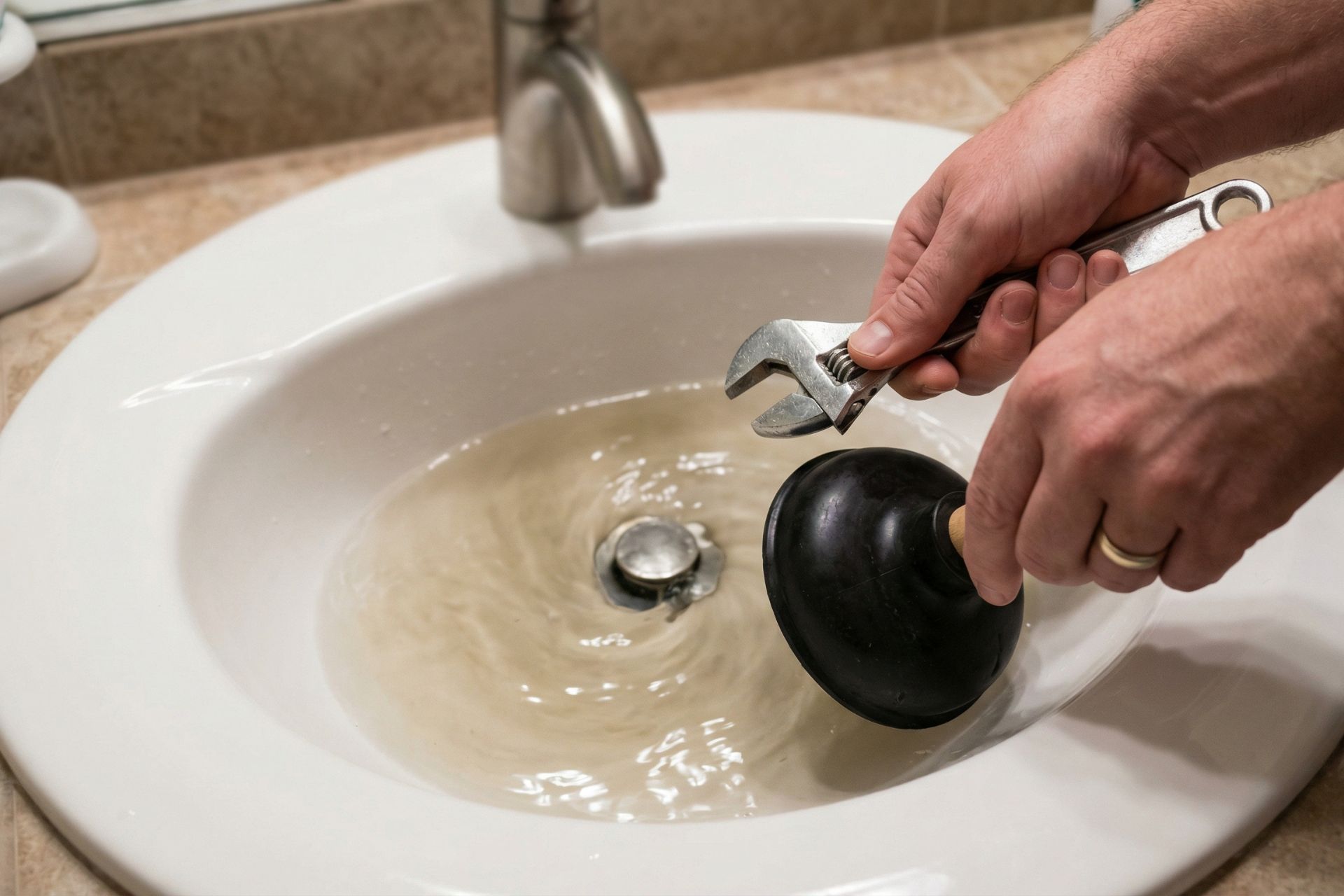 Close-up of hands using adjustable wrench and black rubber plunger to clear clogged bathroom sink drain with standing water visible in white porcelain sink.