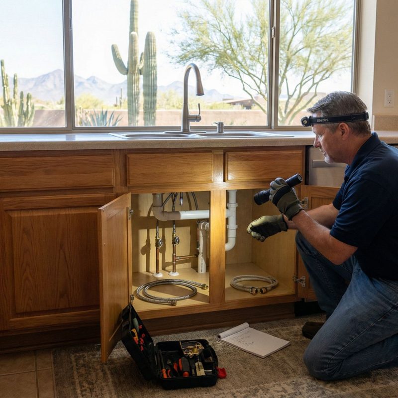 Professional plumber wearing headlamp and work gloves kneeling on kitchen floor inspecting under-sink plumbing pipes in cabinet, with open toolbox and clipboard nearby, and Arizona desert landscape with saguaro cacti visible through large windows.