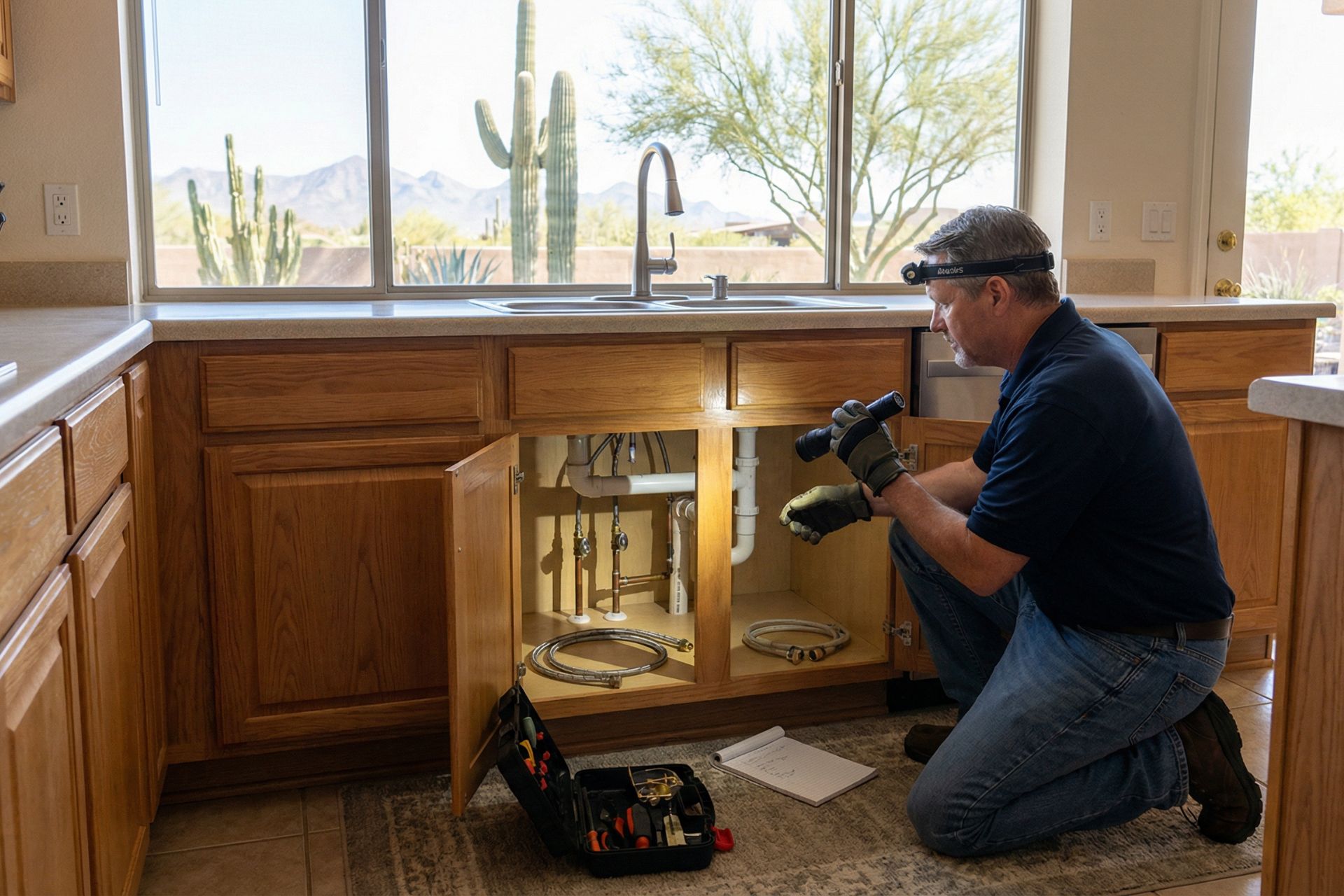 Professional plumber wearing headlamp and work gloves kneeling on kitchen floor inspecting under-sink plumbing pipes in cabinet, with open toolbox and clipboard nearby, and Arizona desert landscape with saguaro cacti visible through large windows.