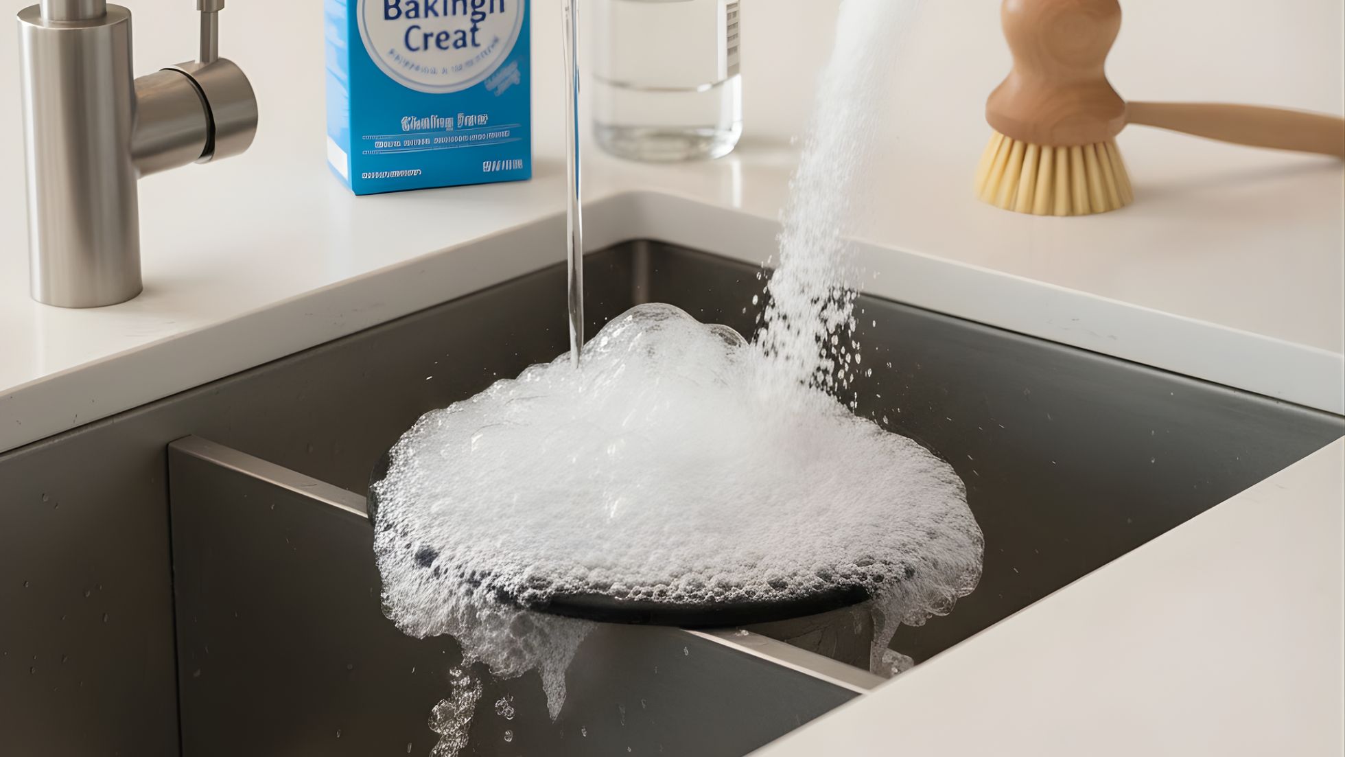 how to stop your garbage disposal from smelling 01 Close-up of a stainless steel sink with a black garbage disposal strainer overflowing with baking soda bubbles from a poured solution, next to a blue baking soda cleaner bottle and a scrub brush.