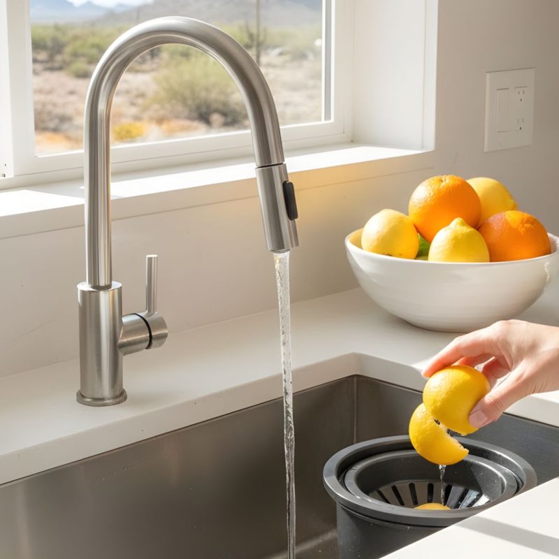 Woman's hand drops a citrus peel into a black sink strainer while running water from a polished chrome faucet in a bright kitchen overlooking desert mountains and cacti.