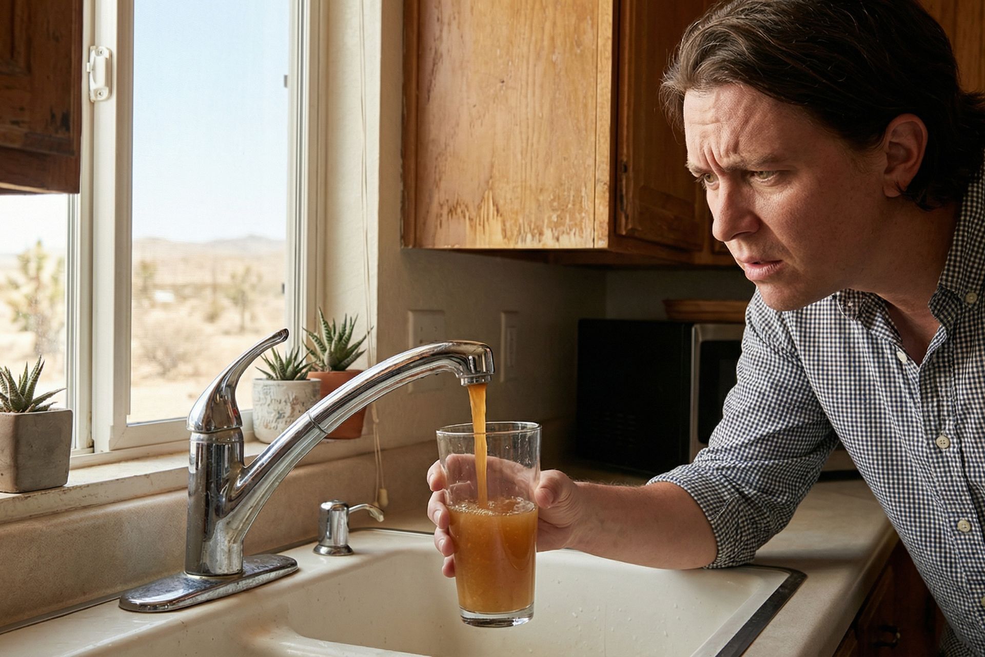 Concerned man in checkered shirt examining glass of discolored brown rusty tap water from kitchen sink faucet with potted succulents on windowsill and desert landscape visible outside.