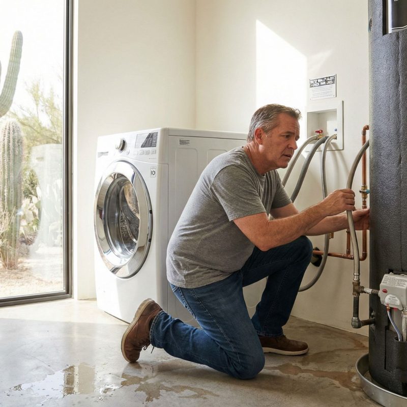 Homeowner in gray shirt kneeling on wet concrete floor inspecting copper water line connections behind washing machine and water heater in laundry room, with desert landscape including saguaro cactus visible through large window.