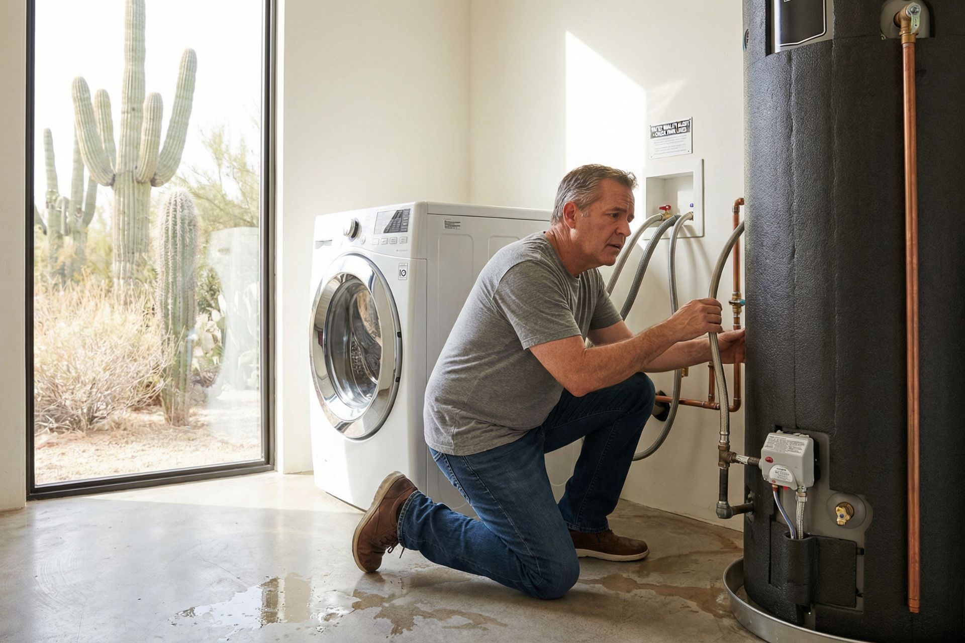 Homeowner in gray shirt kneeling on wet concrete floor inspecting copper water line connections behind washing machine and water heater in laundry room, with desert landscape including saguaro cactus visible through large window.