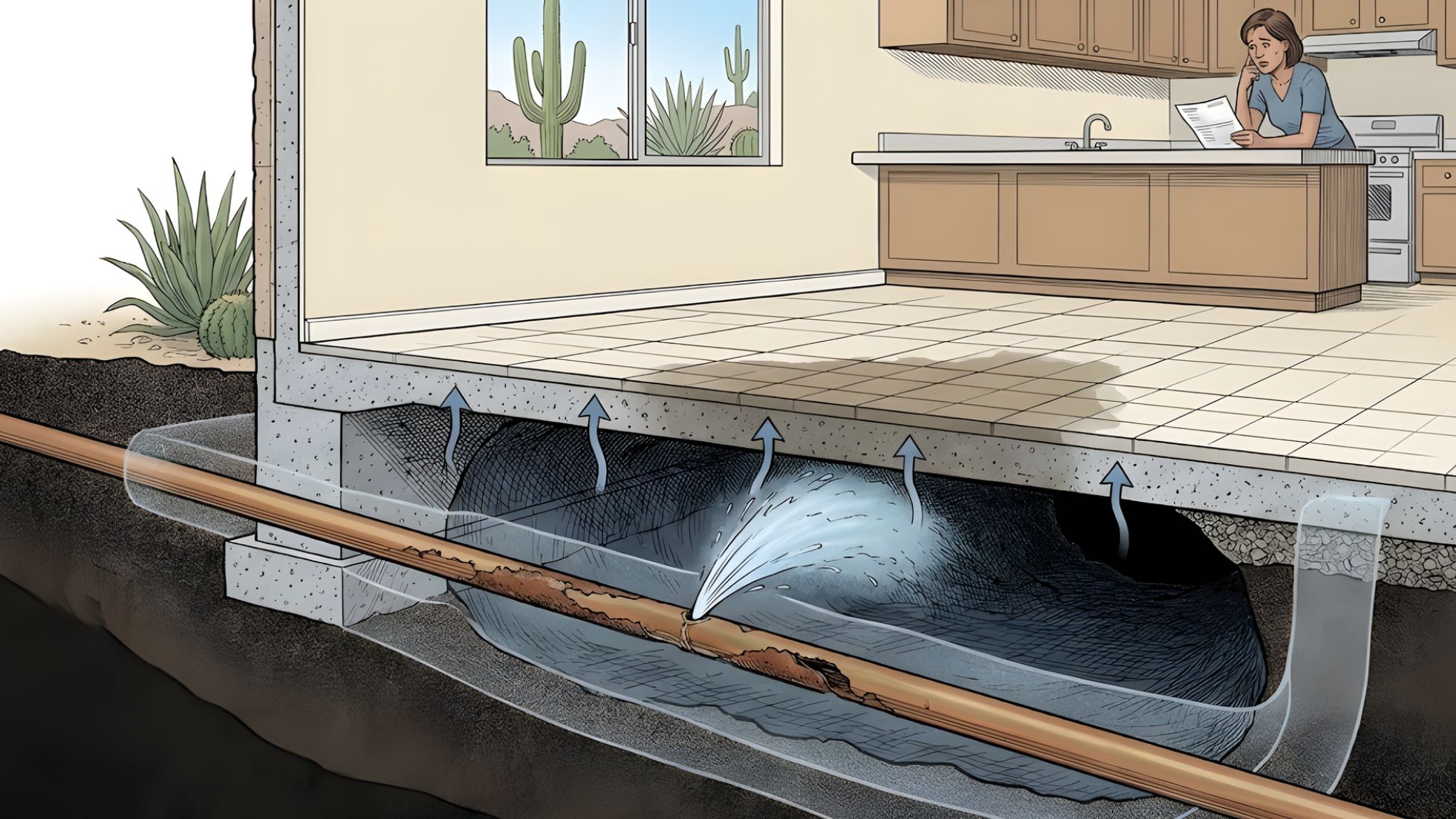 Animated cross-section: geyser from ruptured pipe floods sub-slab void, eroding soil, buckling foundation in Southwest home.