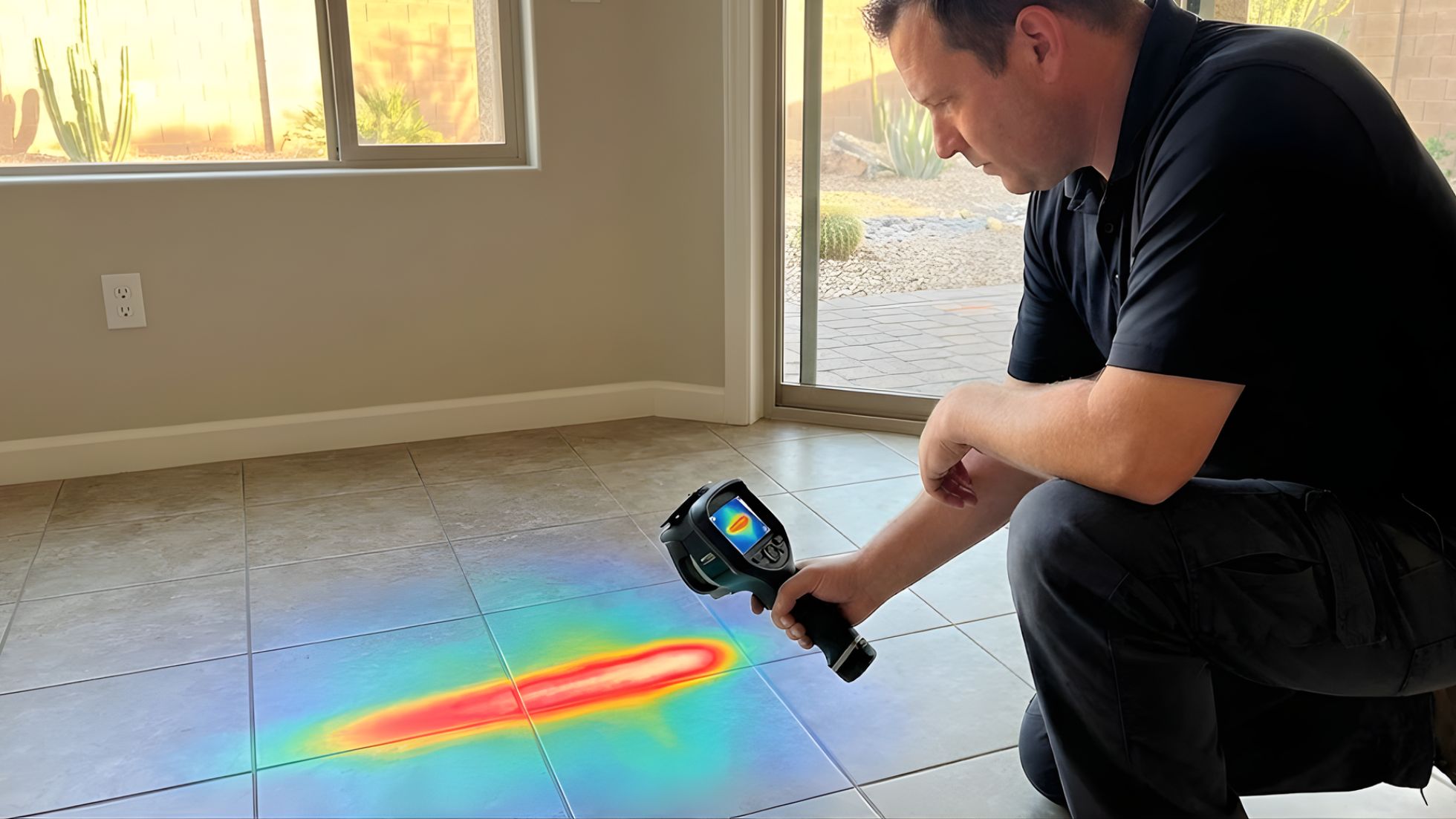 Infrared scan reveals precise slab leak path as multicolored thermal anomaly (blue-cool to red-hot) on living room tile.