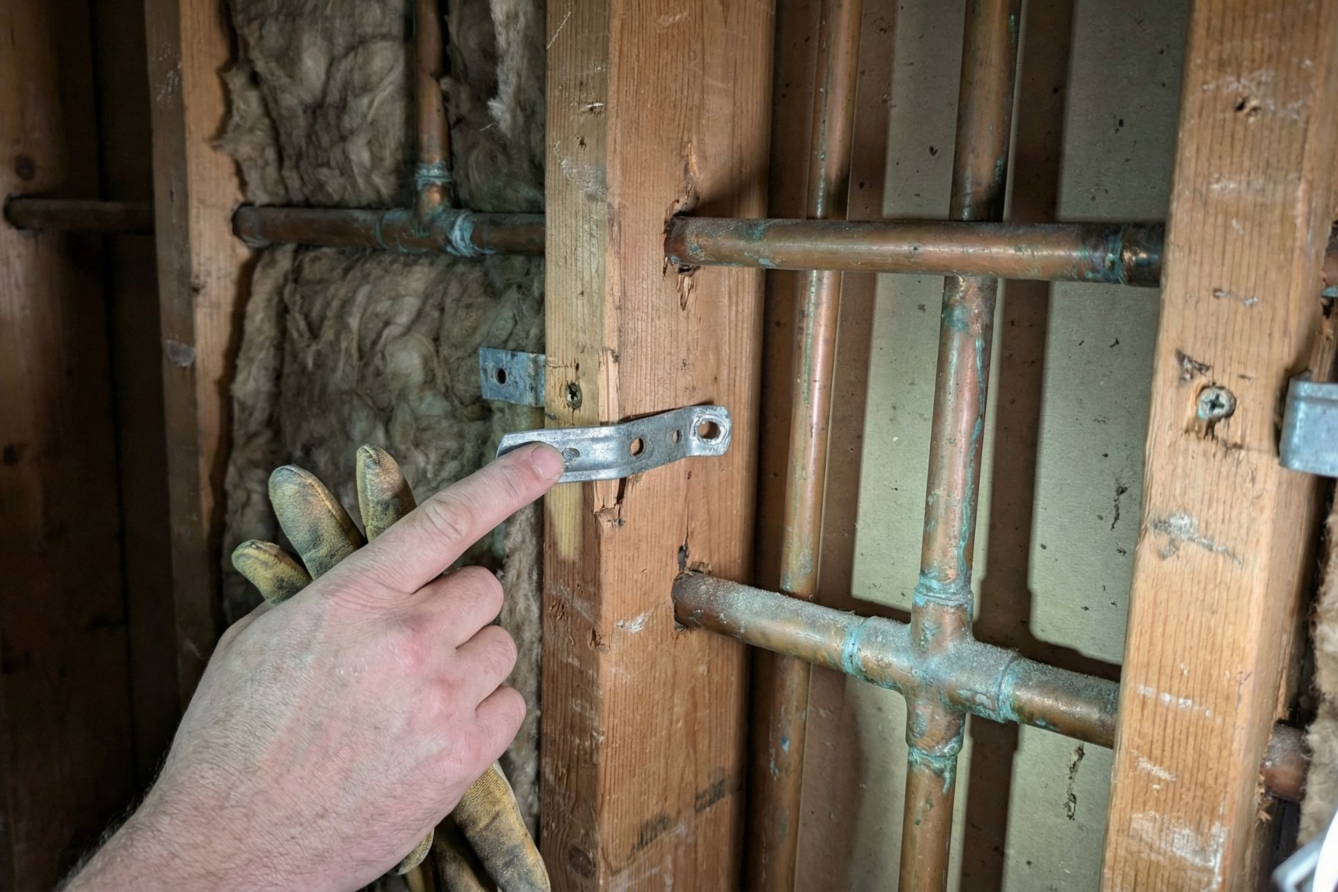 Close-up of gloved hand pointing to loose pipe support bracket on corroded copper pipes mounted on exposed wall studs with fiberglass insulation visible, showing deteriorated mounting hardware that could cause water hammer and banging noises.