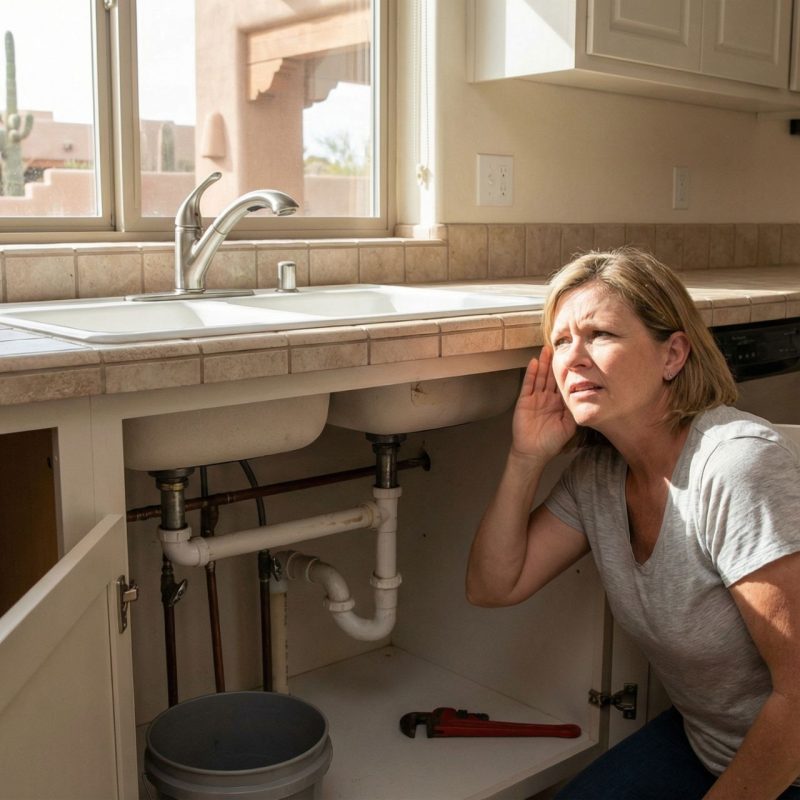 Concerned woman in gray shirt with hand to ear listening to unusual plumbing noises from under kitchen sink with open cabinet doors revealing exposed pipes, bucket, and wrench, with desert landscape visible through window.