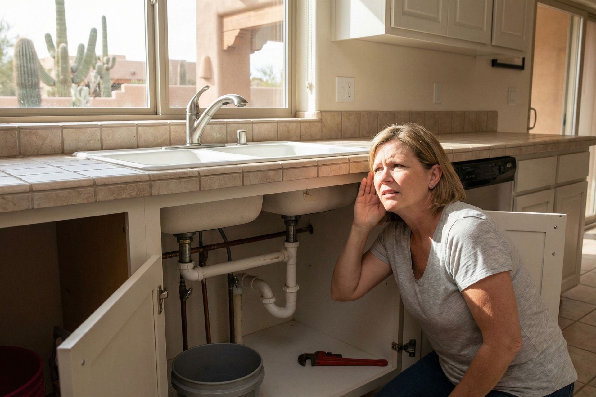 Concerned woman in gray shirt with hand to ear listening to unusual plumbing noises from under kitchen sink with open cabinet doors revealing exposed pipes, bucket, and wrench, with desert landscape visible through window.